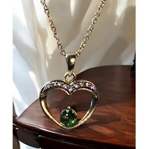 Heart with CZ and Green Emerald Color Gem Necklace
